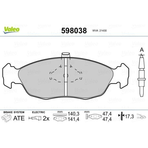 Bremsbelagsatz Scheibenbremse Valeo 598038 f&uuml;r Citro&euml;n Peugeot Vorderachse