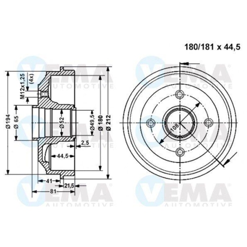 Bremstrommel Vema 801125 für Citroën Peugeot Citroën/peugeot Omc Hinterachse
