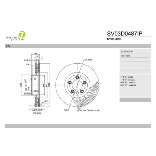 Bremsscheibe 7 Seven Parts SV03D0487IP f&uuml;r Porsche VW Vorderachse Rechts