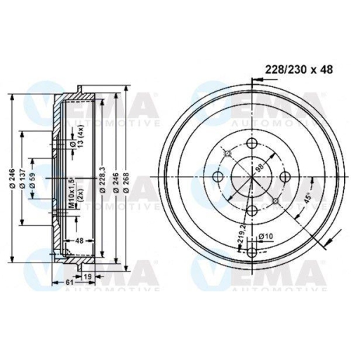 Bremstrommel Vema 801178 für Alfa Romeo Fiat Lancia Alfarome/fiat/lanci Omc