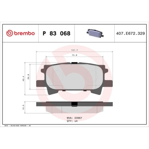 Bremsbelagsatz Scheibenbremse Brembo P83068 Prime Line f&uuml;r Toyota Lexus