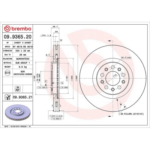 Bremsscheibe Brembo 09.9365.21 Prime Line - Uv Coated für Alfa Romeo Vorderachse