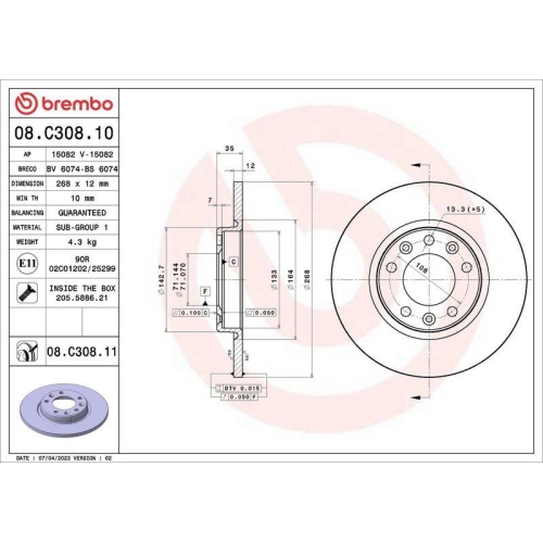 Bremsscheibe Brembo 08.C308.11 Prime Line - Uv Coated f&uuml;r Citro&euml;n Fiat Opel DS