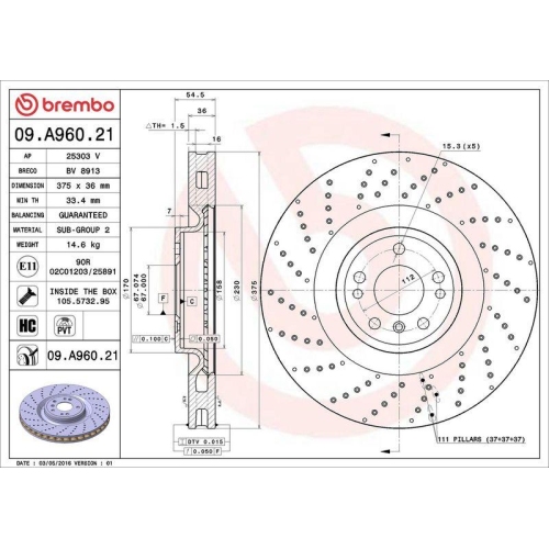 Bremsscheibe Brembo 09.A960.21 Prime Line - Uv Coated f&uuml;r Mercedes Benz