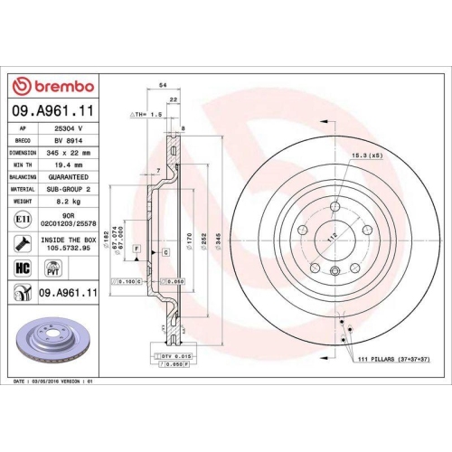 Bremsscheibe Brembo 09.A961.11 Prime Line - Uv Coated f&uuml;r Mercedes Benz Brabus