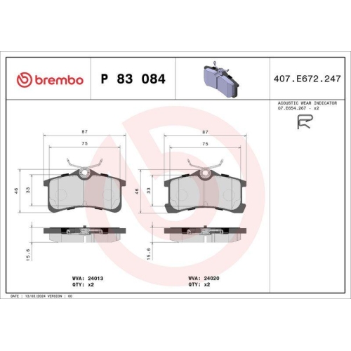 Bremsbelagsatz Scheibenbremse Brembo P83084 Prime Line f&uuml;r Toyota Hinterachse