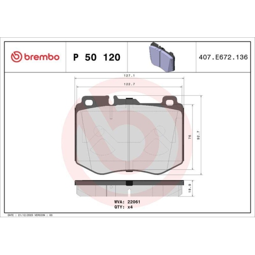 Bremsbelagsatz Scheibenbremse Brembo P50120 Prime Line f&uuml;r Mercedes Benz
