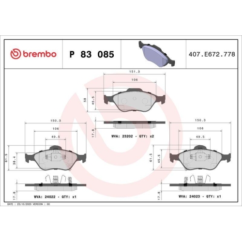 Bremsbelagsatz Scheibenbremse Brembo P83085 Prime Line f&uuml;r Daihatsu Toyota