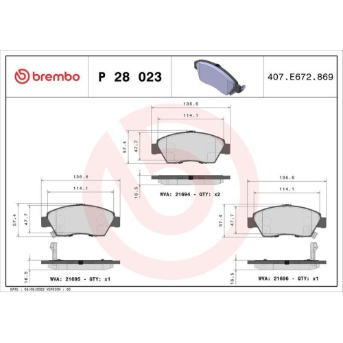 Bremsbelagsatz Scheibenbremse Brembo P28023 Prime Line f&uuml;r Honda Isuzu Nissan