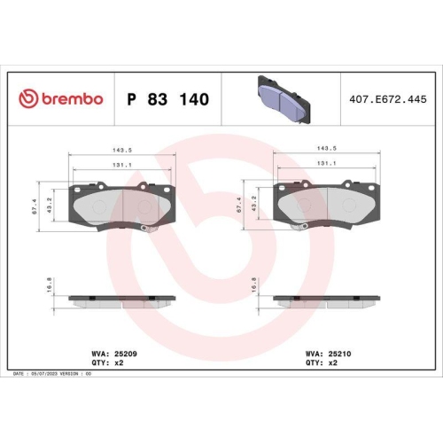 Bremsbelagsatz Scheibenbremse Brembo P83140 Prime Line f&uuml;r Toyota Vorderachse