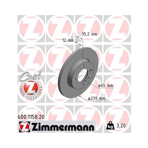 Brake Disc Zimmermann 600.1158.20 Coat Z for Vag Vw (faw) Front Axle