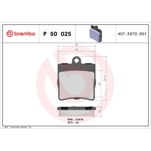 Bremsbelagsatz Scheibenbremse Brembo P50025 Prime Line f&uuml;r Chrysler Hinterachse