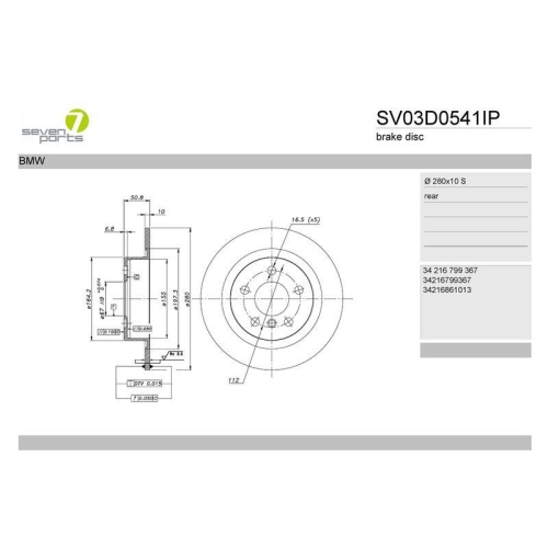 Bremsscheibe 7 Seven Parts SV03D0541IP f&uuml;r Bmw Mini Hinterachse