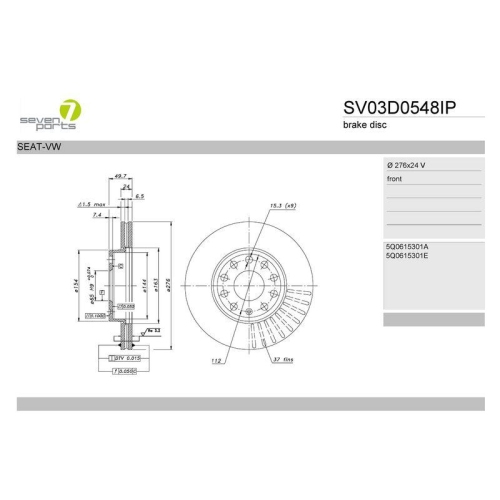 Bremsscheibe 7 Seven Parts SV03D0548IP f&uuml;r Audi Seat Skoda VW Vorderachse