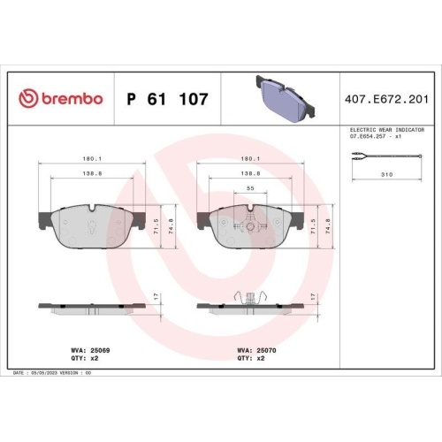 Bremsbelagsatz Scheibenbremse Brembo P61107 Prime Line f&uuml;r Citro&euml;n Peugeot