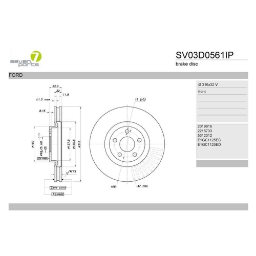 Bremsscheibe 7 Seven Parts SV03D0561IP f&uuml;r Ford Vorderachse