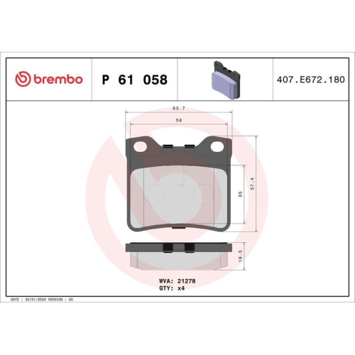 Bremsbelagsatz Scheibenbremse Brembo P61058 Prime Line f&uuml;r Citro&euml;n Peugeot