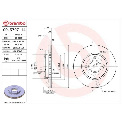 Bremsscheibe Brembo 09.5707.14 Prime Line f&uuml;r Ford Mercury Ford Usa Vorderachse
