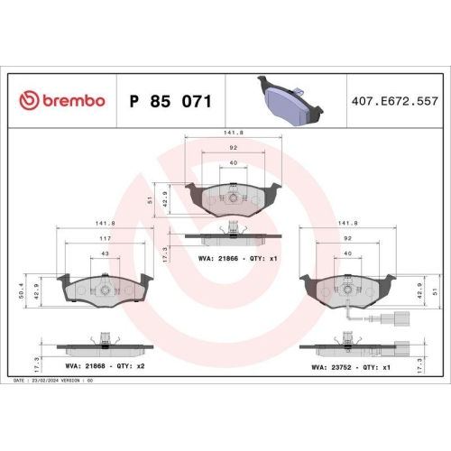 Bremsbelagsatz Scheibenbremse Brembo P85071 Prime Line f&uuml;r Audi Seat Skoda VW