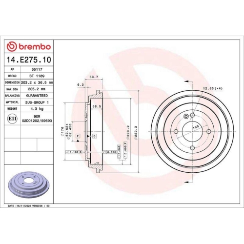 Bremstrommel Brembo 14.E275.10 Essential Line f&uuml;r Hyundai Kia Hinterachse