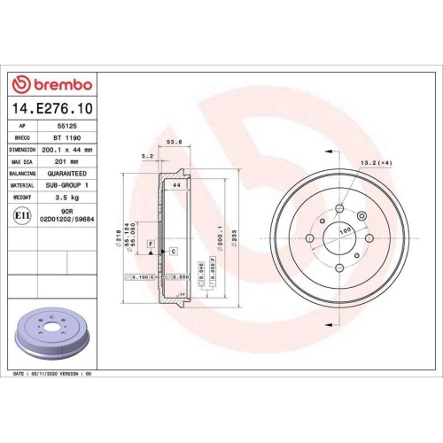 Bremstrommel Brembo 14.E276.10 Essential Line f&uuml;r Toyota Hinterachse