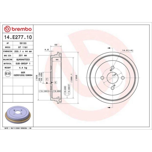Bremstrommel Brembo 14.E277.10 Essential Line f&uuml;r Toyota Hinterachse