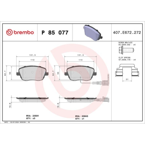 Bremsbelagsatz Scheibenbremse Brembo P85077 Prime Line f&uuml;r Audi Seat Skoda VW