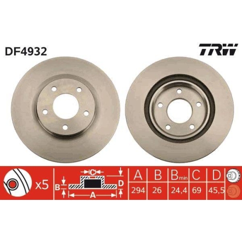 Brake Disc Trw DF4932 for Chrysler Citro&euml;n Dodge Lancia Mitsubishi Peugeot Jeep