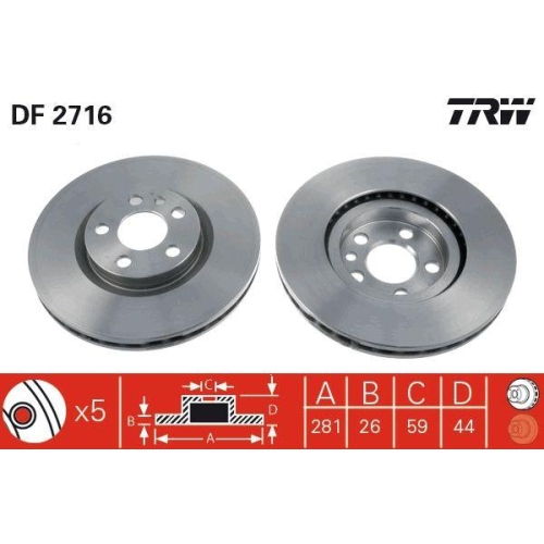 Brake Disc Trw DF2716 for Citro&euml;n Fiat Lancia Peugeot Front Axle