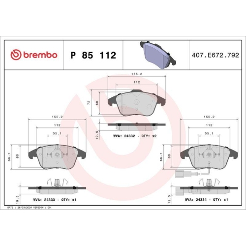 Bremsbelagsatz Scheibenbremse Brembo P85112 Prime Line für Audi Seat Skoda VW
