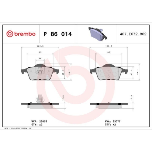 Bremsbelagsatz Scheibenbremse Brembo P86014 Prime Line f&uuml;r Volvo Hinterachse