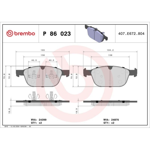 Bremsbelagsatz Scheibenbremse Brembo P86023 Prime Line f&uuml;r Volvo Vorderachse