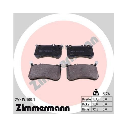 Brake Pad Set Disc Brake Zimmermann 25219.180.1 for Mercedes Benz Mercedes Benz
