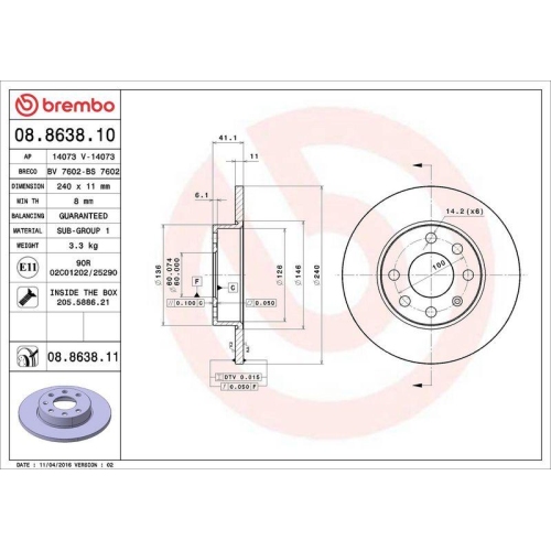 Bremsscheibe Brembo 08.8638.11 Prime Line - Uv Coated f&uuml;r Opel Vauxhall