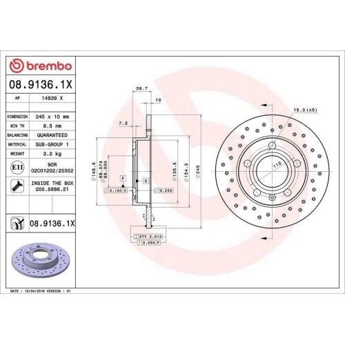 Bremsscheibe Brembo 08.9136.1X Xtra Line - Xtra f&uuml;r Audi Seat Hinterachse