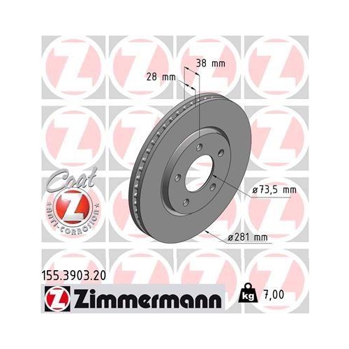Bremsscheibe Zimmermann 155.3903.20 Coat Z f&uuml;r Chrysler Vorderachse