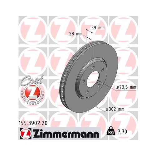 Brake Disc Zimmermann 155.3902.20 Coat Z for Chrysler Front Axle