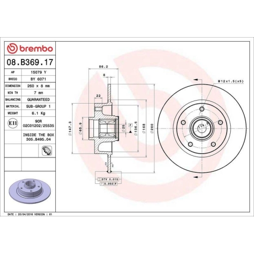 Bremsscheibe Brembo 08.B369.17 Prime Line - With Bearing Kit für Renault