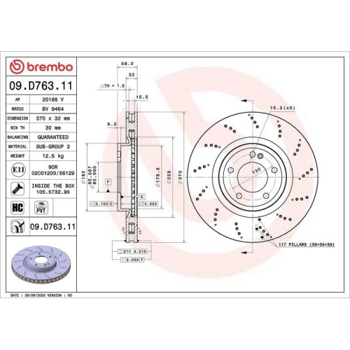 Bremsscheibe Brembo 09.D763.11 Prime Line - Uv Coated f&uuml;r Mercedes Benz