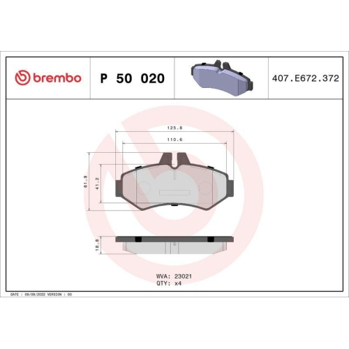 Bremsbelagsatz Scheibenbremse Brembo P50020 Prime Line f&uuml;r Chrysler VW