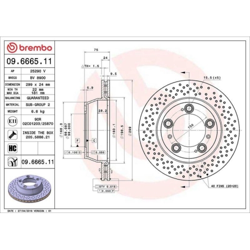 Bremsscheibe Brembo 09.6665.11 Prime Line - Uv Coated f&uuml;r Porsche Hinterachse