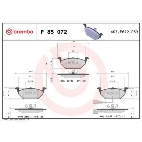 Bremsbelagsatz Scheibenbremse Brembo P85072X Xtra Line f&uuml;r Audi Seat Skoda VW