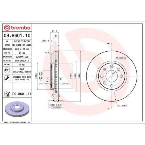 Bremsscheibe Brembo 09.8601.11 Prime Line - Uv Coated für Opel Vauxhall