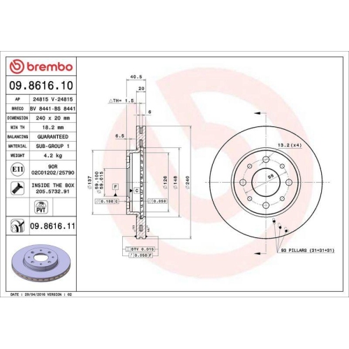 Bremsscheibe Brembo 09.8616.11 Prime Line - Uv Coated f&uuml;r Fiat Ford Vorderachse