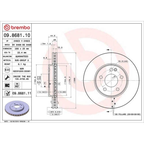 Bremsscheibe Brembo 09.8681.11 Prime Line - Uv Coated f&uuml;r Mercedes Benz