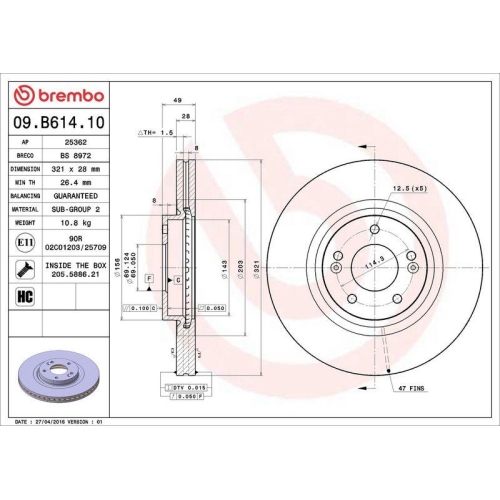 Bremsscheibe Brembo 09.B614.10 Prime Line f&uuml;r Hyundai Kia Vorderachse