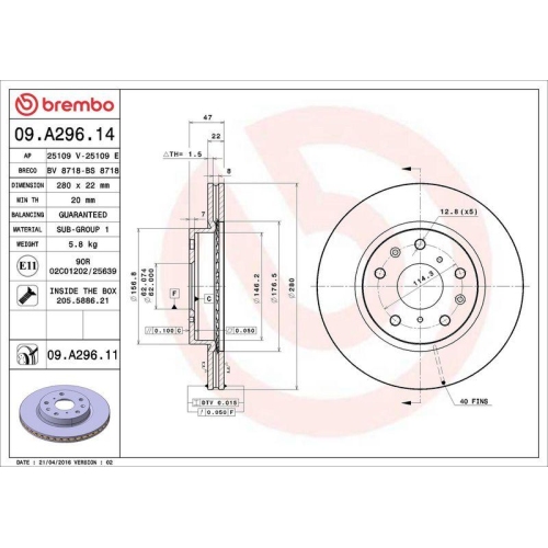 Bremsscheibe Brembo 09.A296.11 Prime Line - Uv Coated f&uuml;r Fiat Nissan Suzuki
