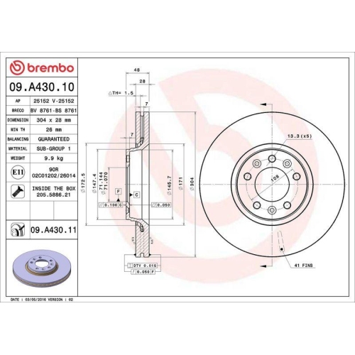 Bremsscheibe Brembo 09.A430.11 Prime Line - Uv Coated f&uuml;r Citro&euml;n Fiat Peugeot