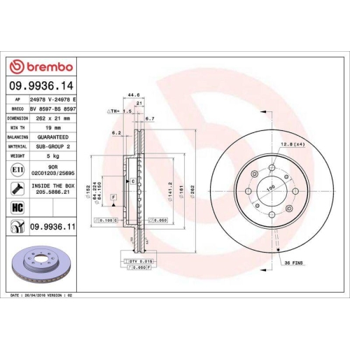 Bremsscheibe Brembo 09.9936.11 Prime Line - Uv Coated f&uuml;r Honda Honda (gac)