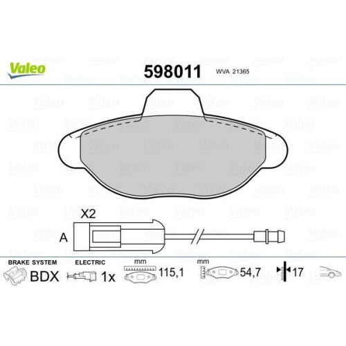 Bremsbelagsatz Scheibenbremse Valeo 598011 für Fiat Hinterachse Vorderachse